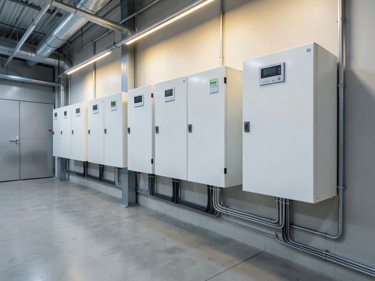 Battery energy storage cabinets and inverters installed in a plant room