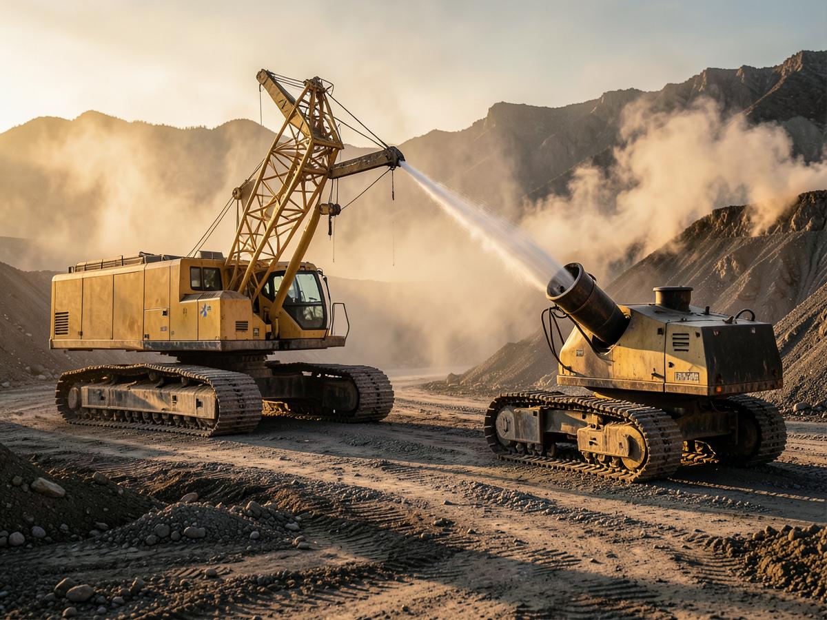Crawler spider crane and fog cannon dust suppression machine working on a quarry site
